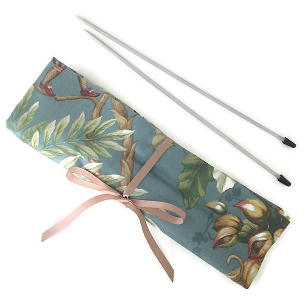15 Pocket Straight Needle Roll Up Case Teal Blue Monkey Motif