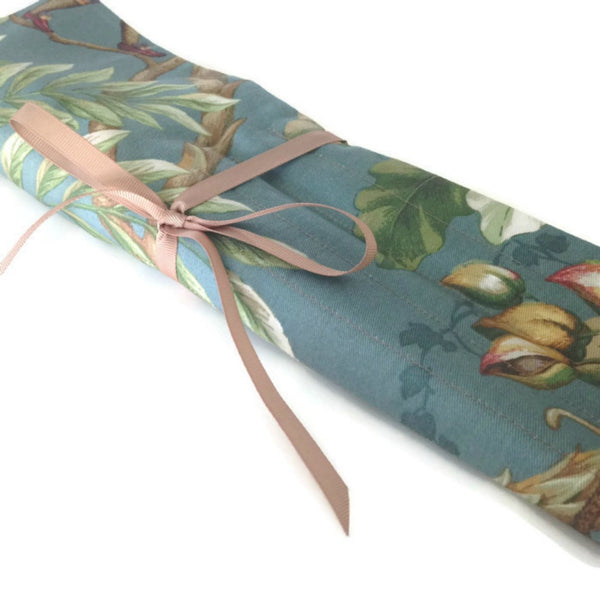 15 Pocket Straight Needle Roll Up Case Teal Blue Monkey Motif