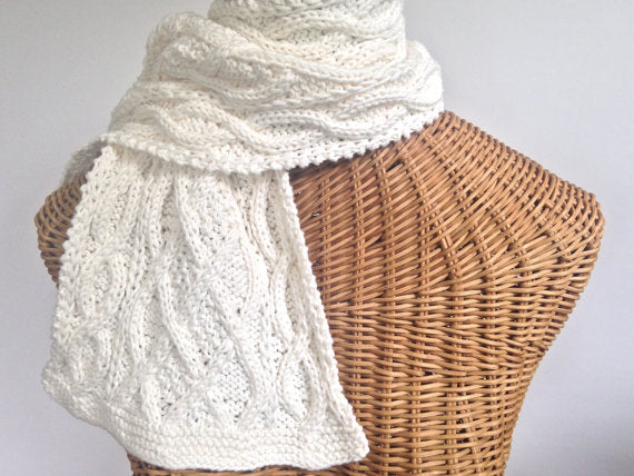 Cabled Scarf  Cotton Wool Blend Creamy White - Buttermilk Cottage