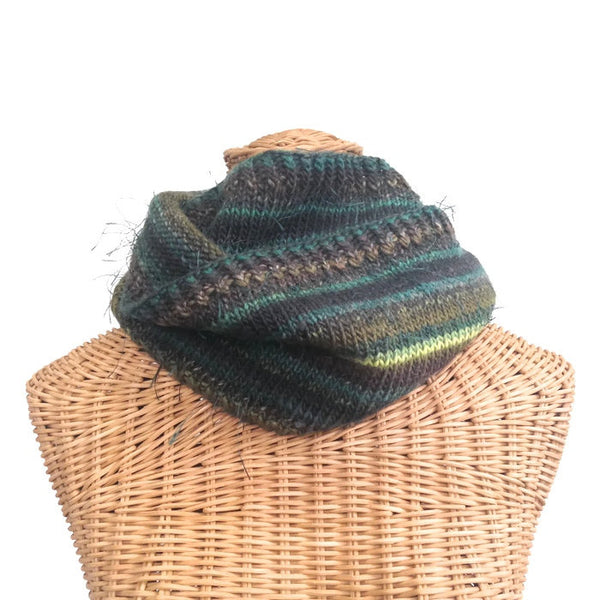 Infinity Striped Scarf Wool Olive Brown Teal Lime - Buttermilk Cottage