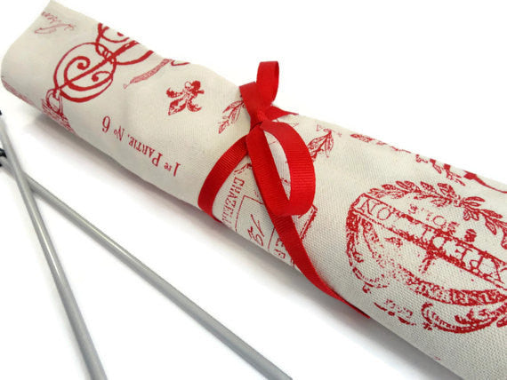 15 Pocket Straight Needle Roll Up Case Red French Icon - Buttermilk Cottage
