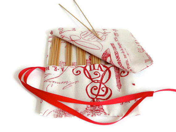 Double Point Needle Roll Up 6 Pockets Red or Black French Icon Fabric - Buttermilk Cottage