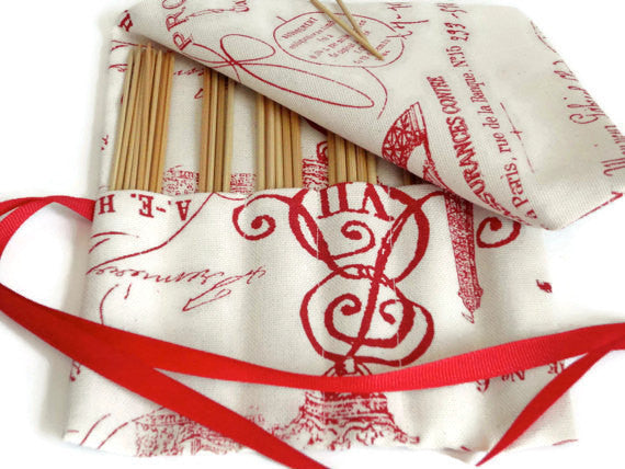 Double Point Needle Roll Up 6 Pockets Red or Black French Icon Fabric - Buttermilk Cottage