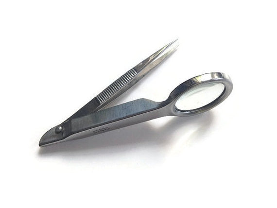Folding Tweezers Magnifying Glass Stainless Steel Pointed Vinyl Case - Buttermilk Cottage