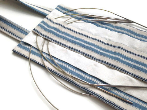Hanging Circular Needle Organizer Blue Woven Ticking - Buttermilk Cottage